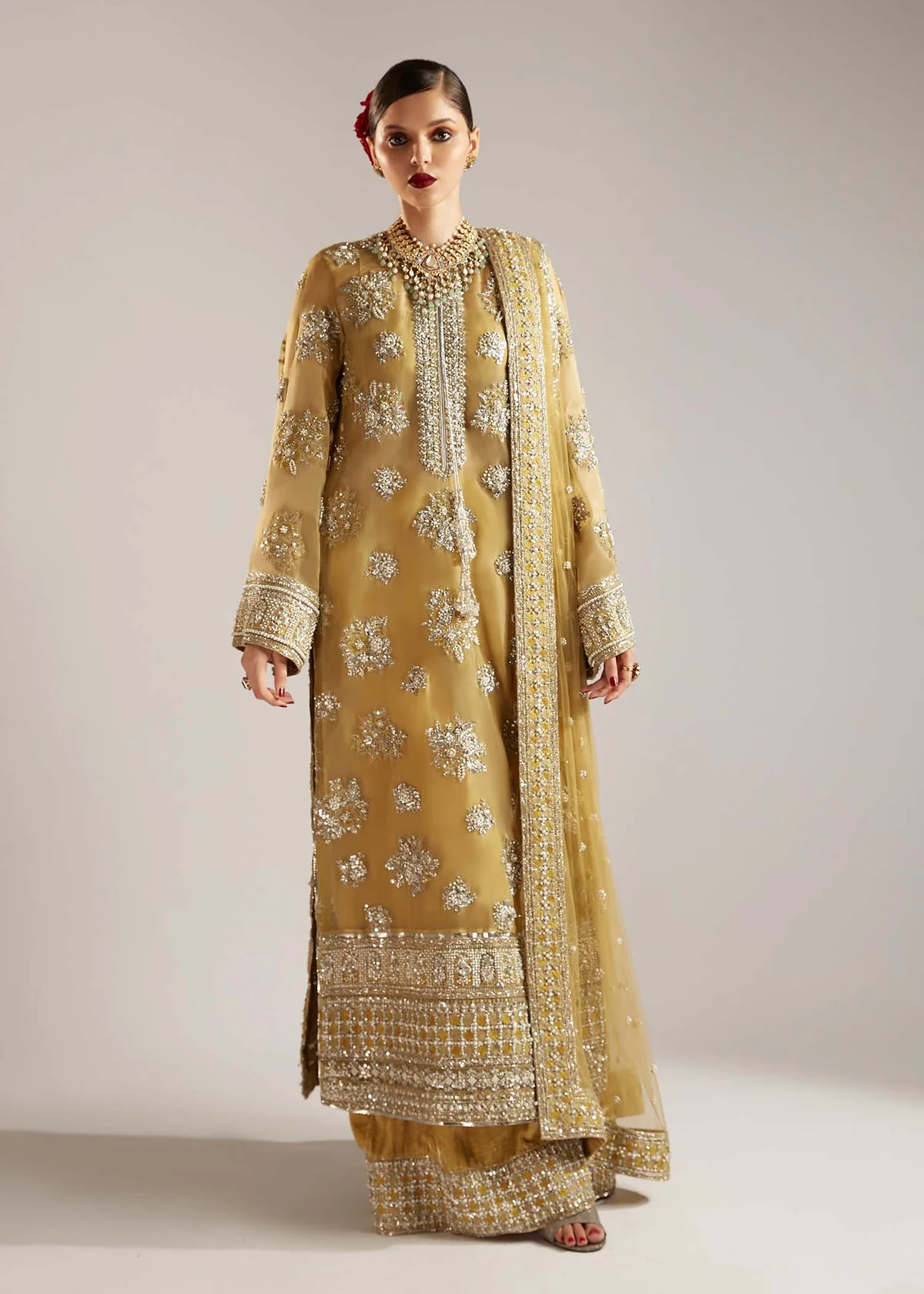 Hussain-Rehar-Zesty-Lime Yellow Organza Festive Suit