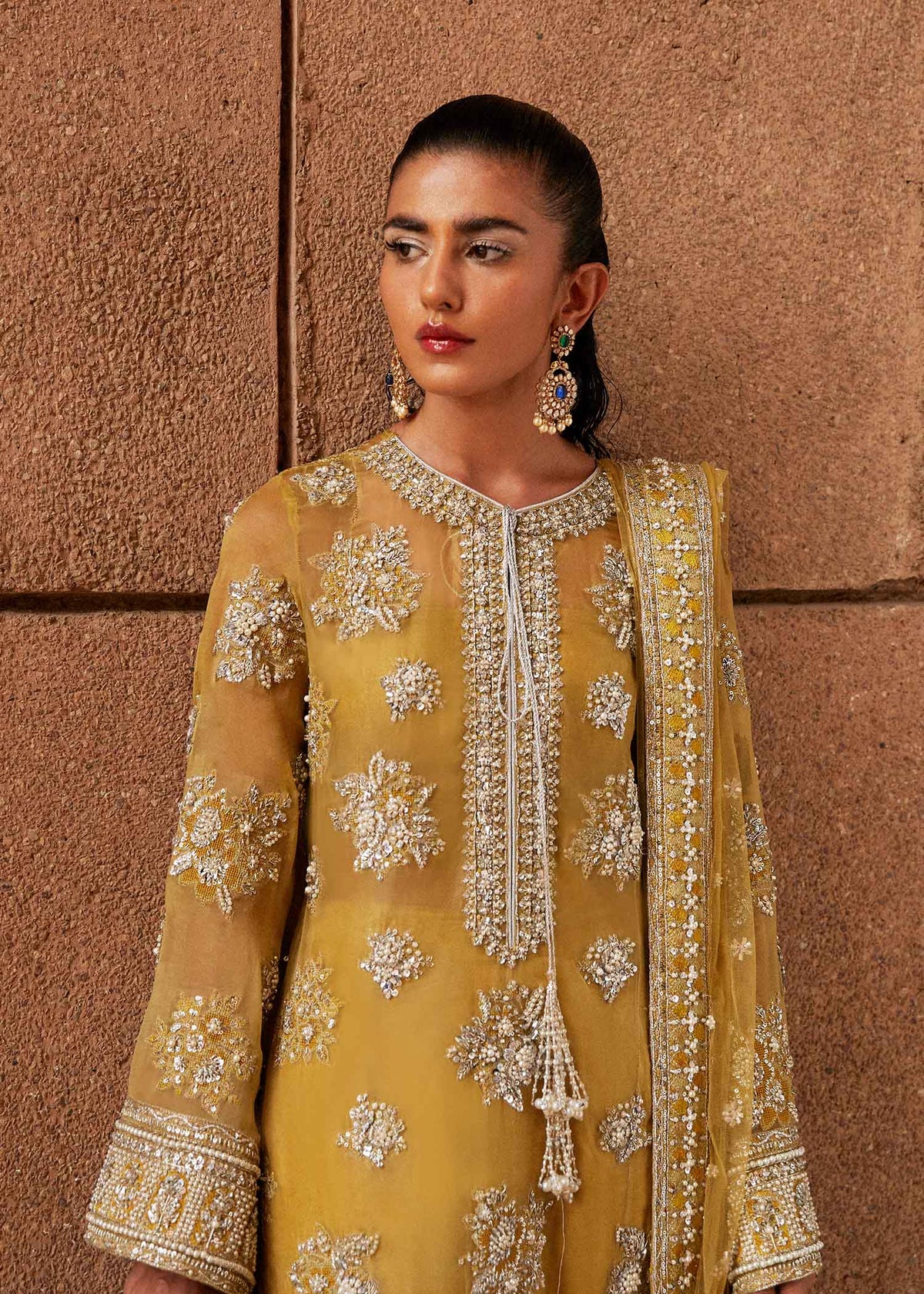 Hussain-Rehar-Zesty-Lime Yellow Organza Festive Suit - Image 3